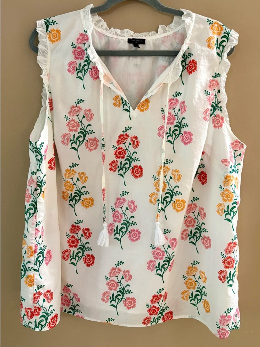 Talbots 2X White Sleeveless Floral Tassel-Front Lined Blouse